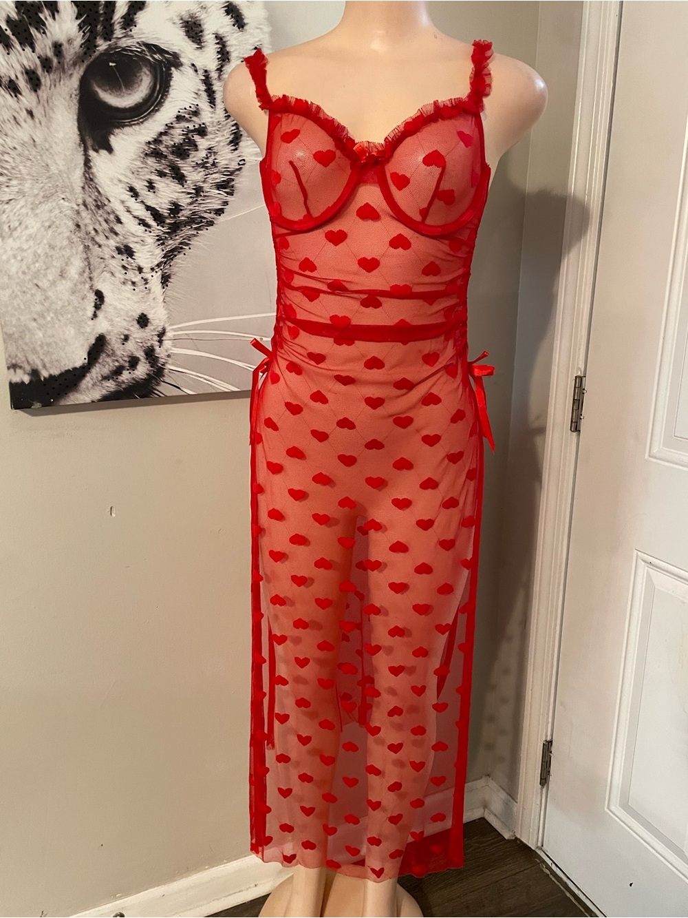Fashion Nova Red Heart Mesh Maxi Slip Dress lingerie maxi sheer see through S